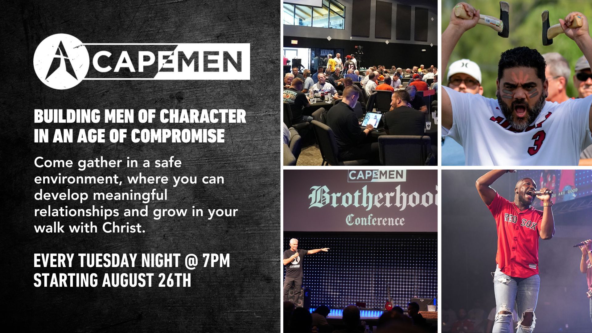 CapeMEN starts August26th, 2025 and meets every Tuesday night in the Worship Center at 7pm.  This gr