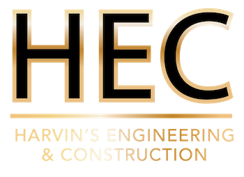 HEC logo for Harvin&rsquo;s Engineering & Construction in gold and black text
