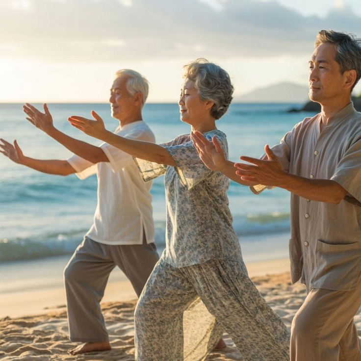Three people practicing Tai Chi on a beach at sunset, arms outstretched, ocean in background.