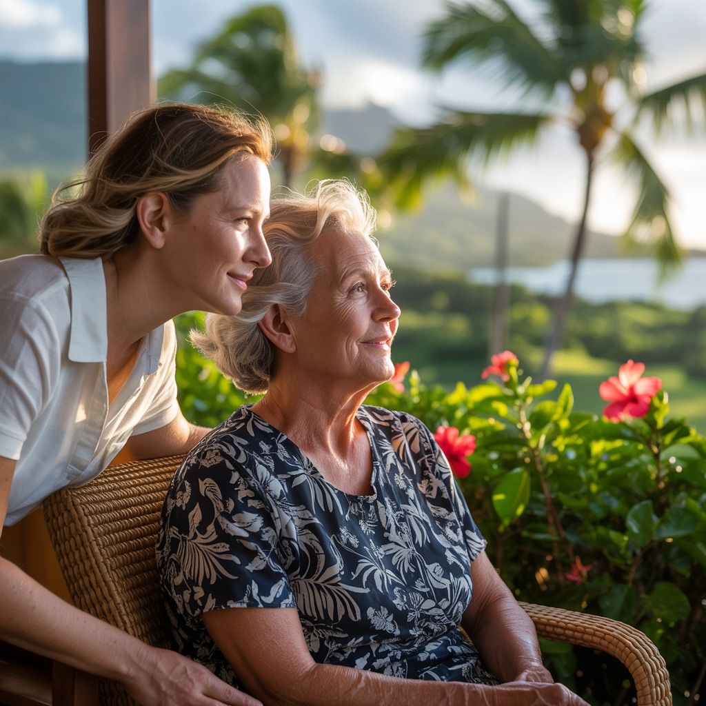 Woman and senior woman looking out at tropical scenery, flowers in foreground.