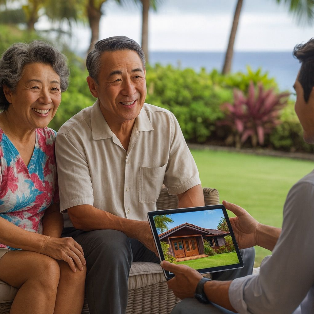An older couple smiles, viewing house images on a tablet held by a person in an outdoor setting.