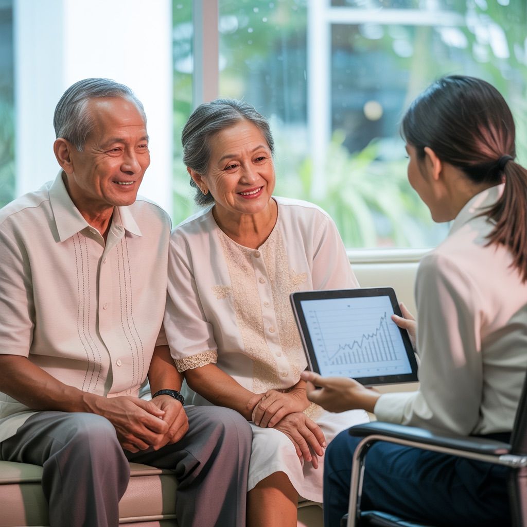 Woman showing financial data on a tablet to a smiling couple in a home setting.