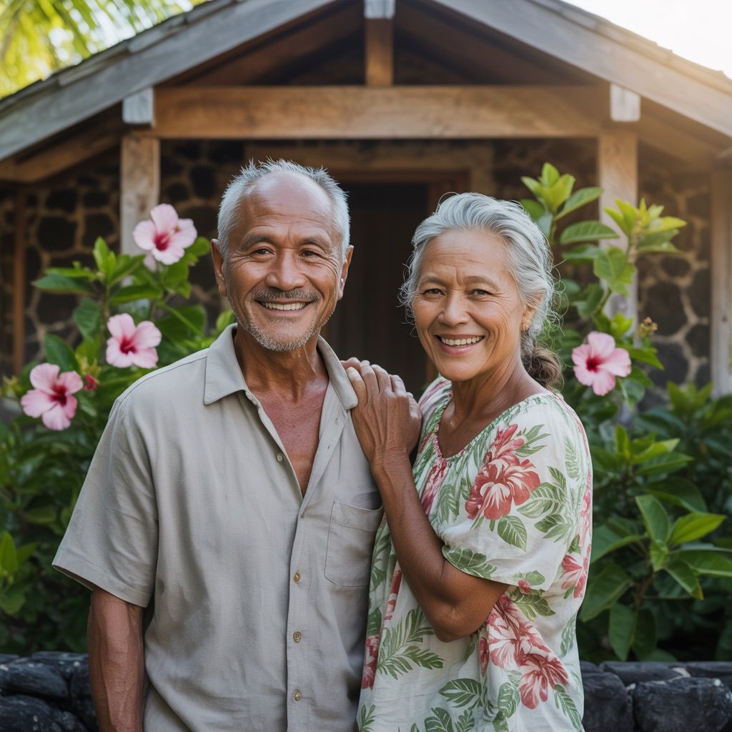 Couple holding hands, walking a dog on a sunny beach, turquoise water, woman wearing a hat.