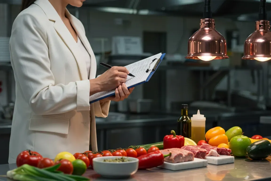 Woman in white jacket inspects ingredients in a commercial kitchen, writing on a clipboard.