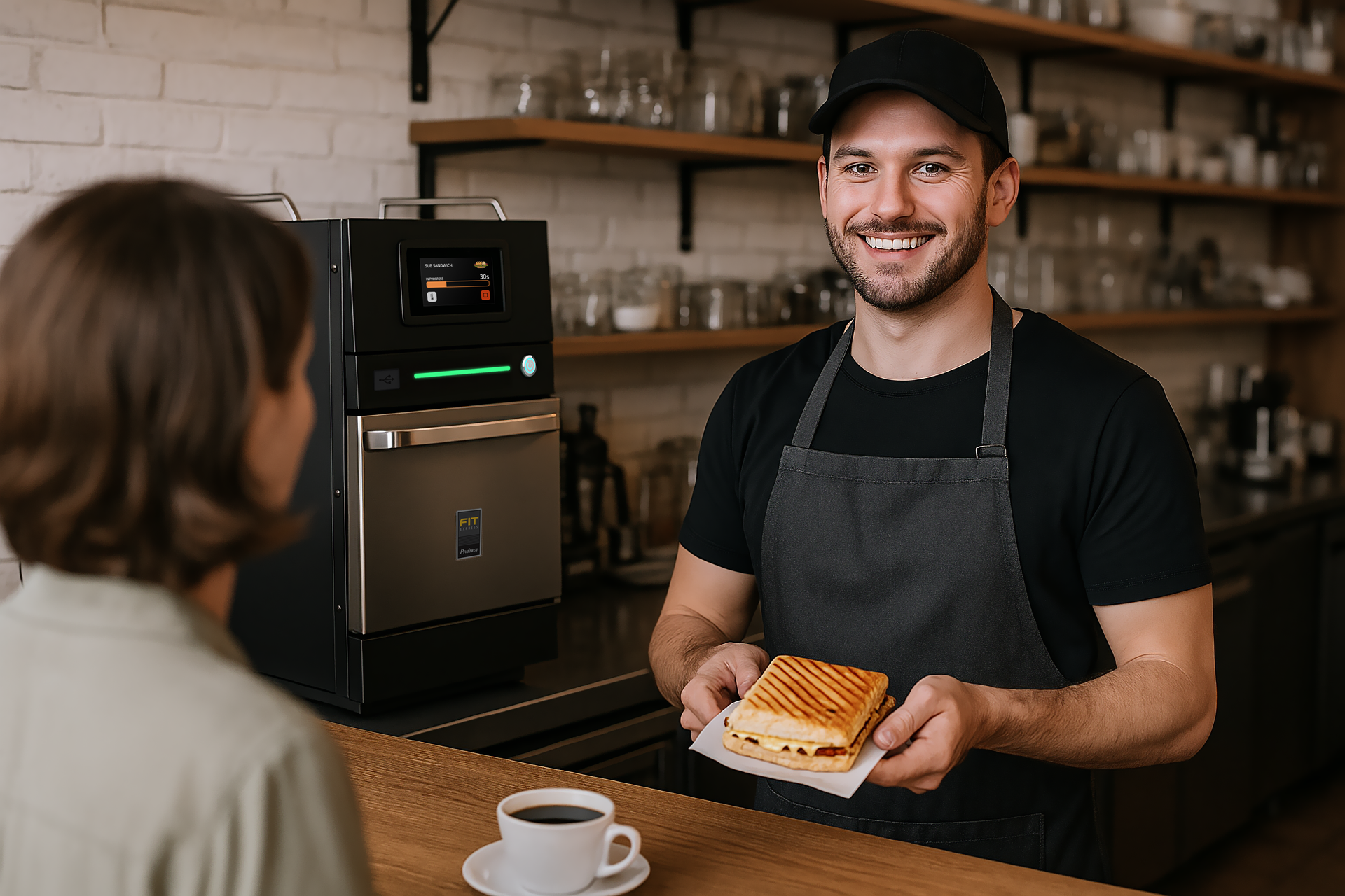 Um homem está servindo um sanduíche para uma mulher em um café.
