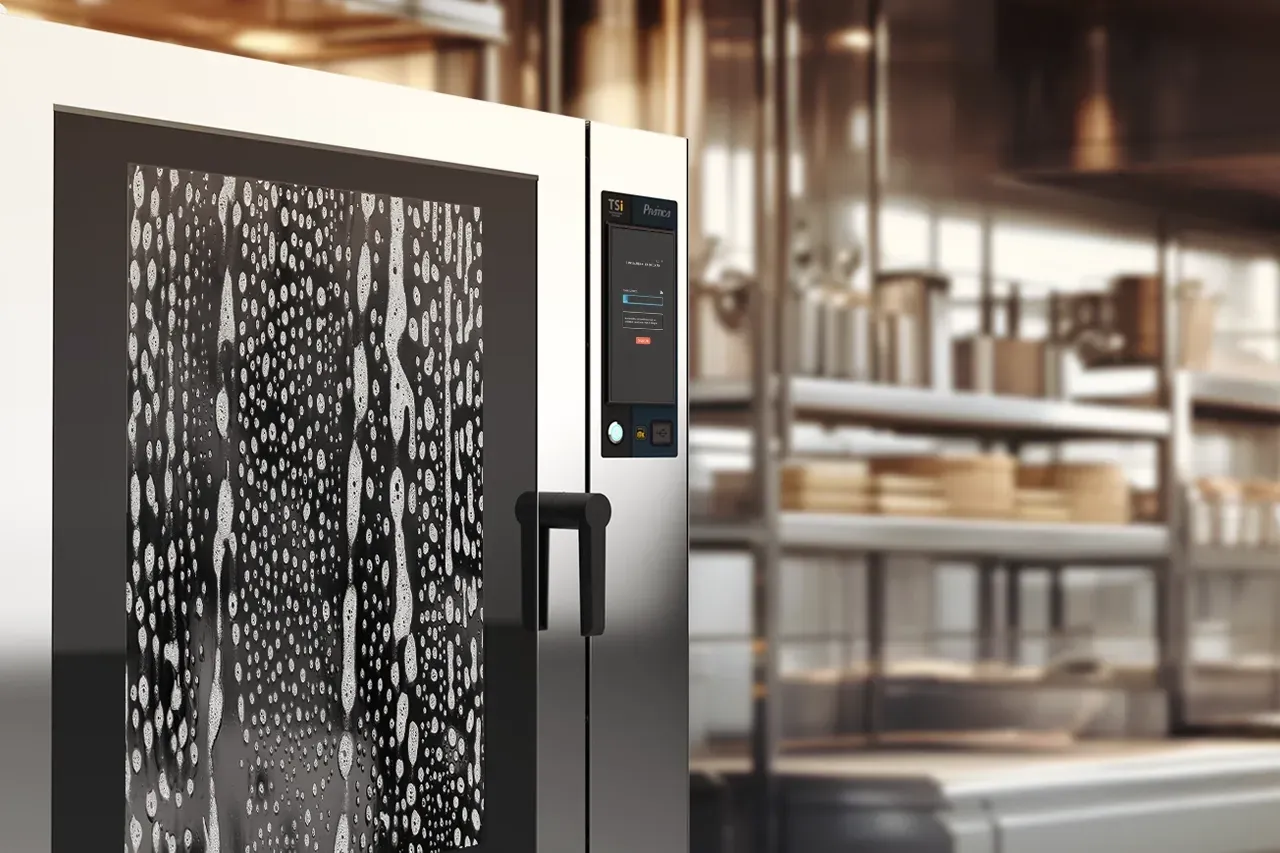 Forno combinado Prática em higienização automática com cozinha ao fundo