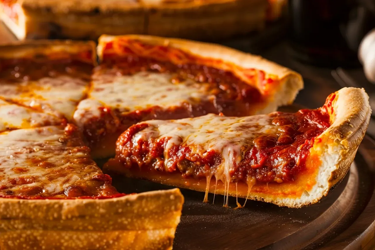 Pizza Chicago deep dish com queijo derretido e molho de tomate