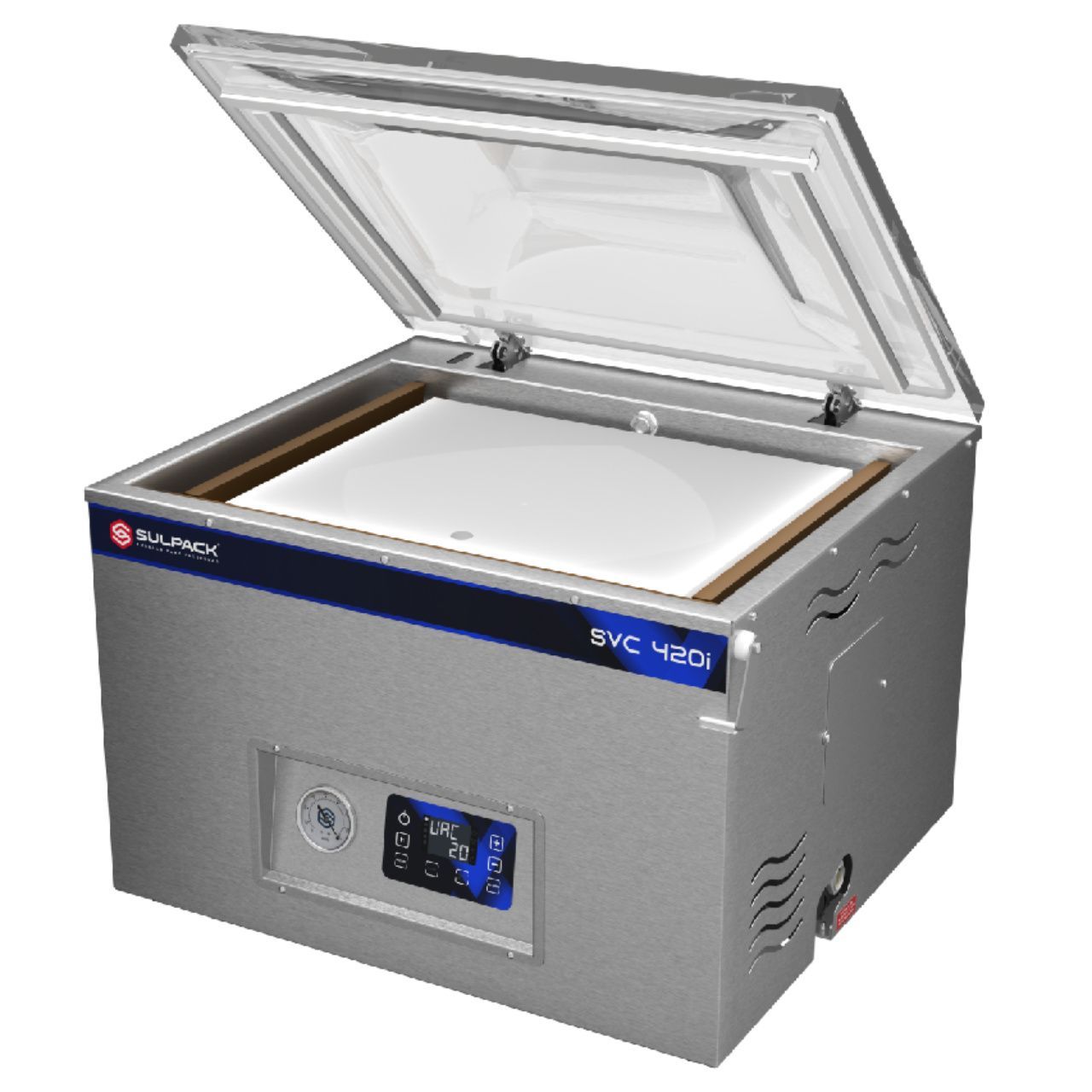 Um selador a vácuo de aço inoxidável com a tampa aberta