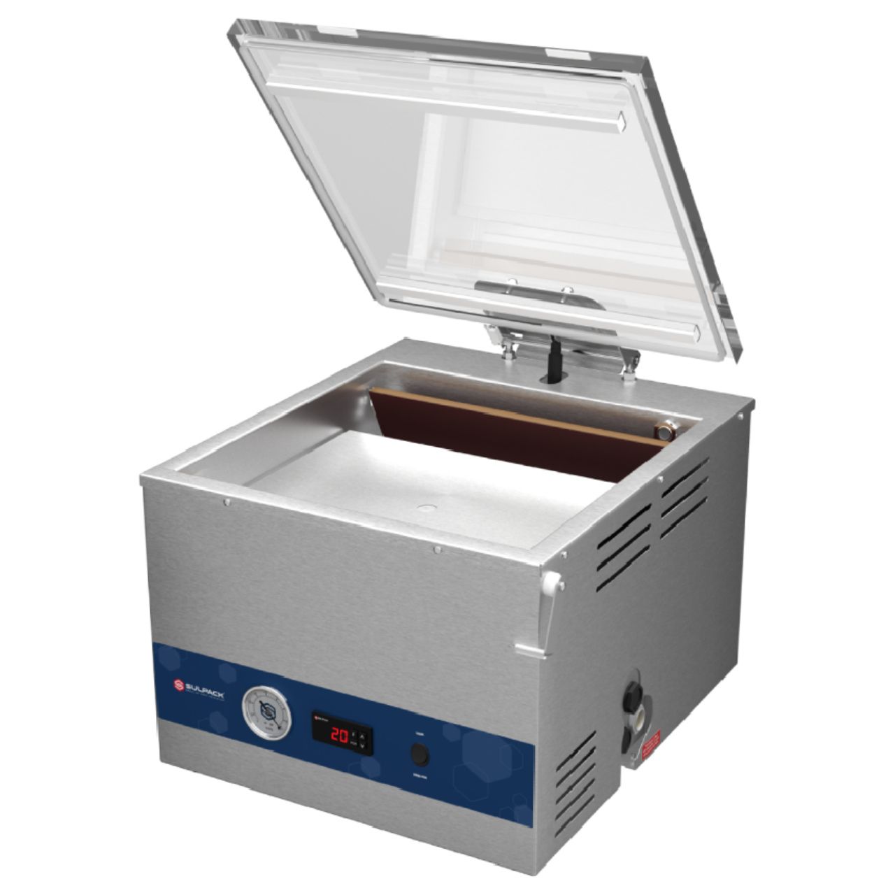 Um selador a vácuo de aço inoxidável com a tampa aberta