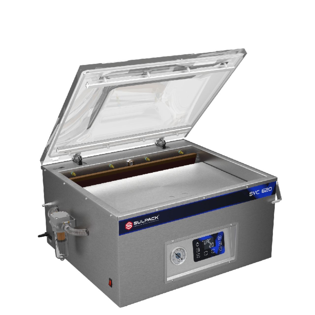 Uma seladora a vácuo com a tampa aberta em um fundo branco.