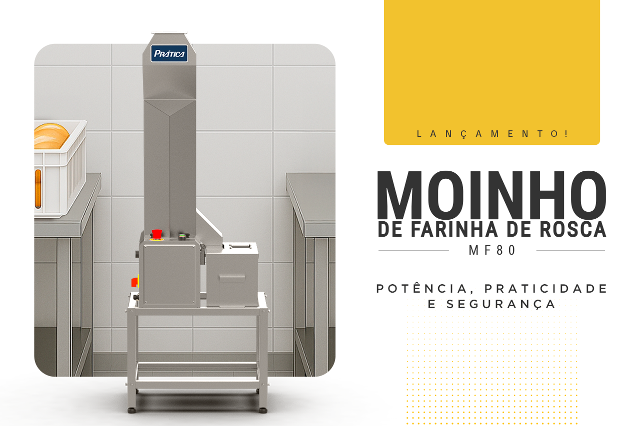 Moinho de farinha de rosca MF80 inserido na cozinha com destaque para suas caraterísticas 