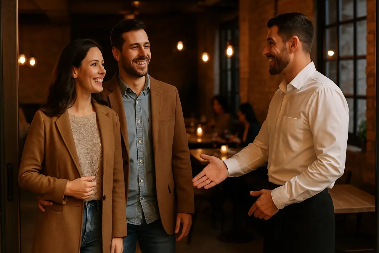 Um homem e uma mulher apertam a mão de um garçom em um restaurante.