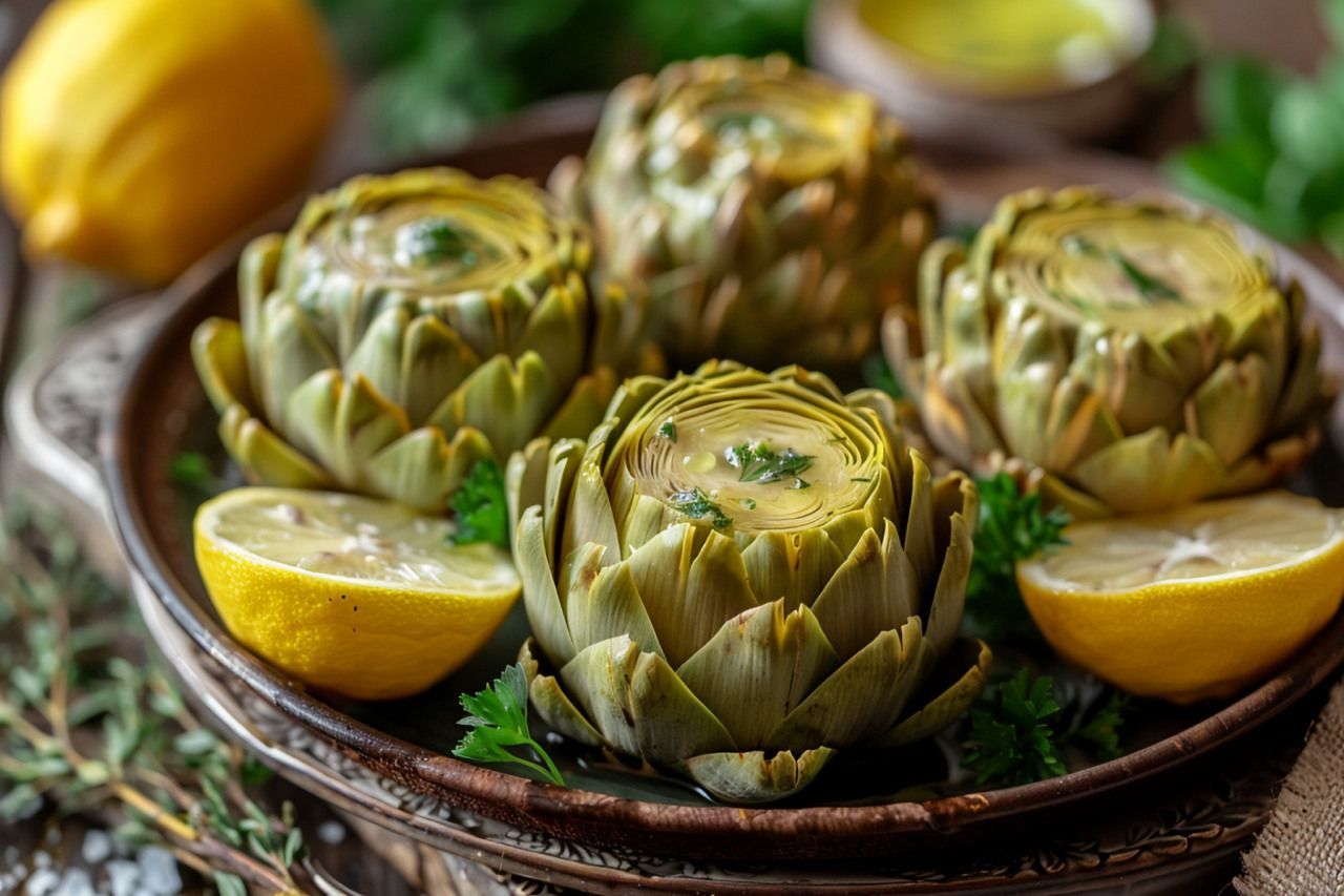 Um prato de alcachofras com rodelas de limão sobre uma mesa de madeira.