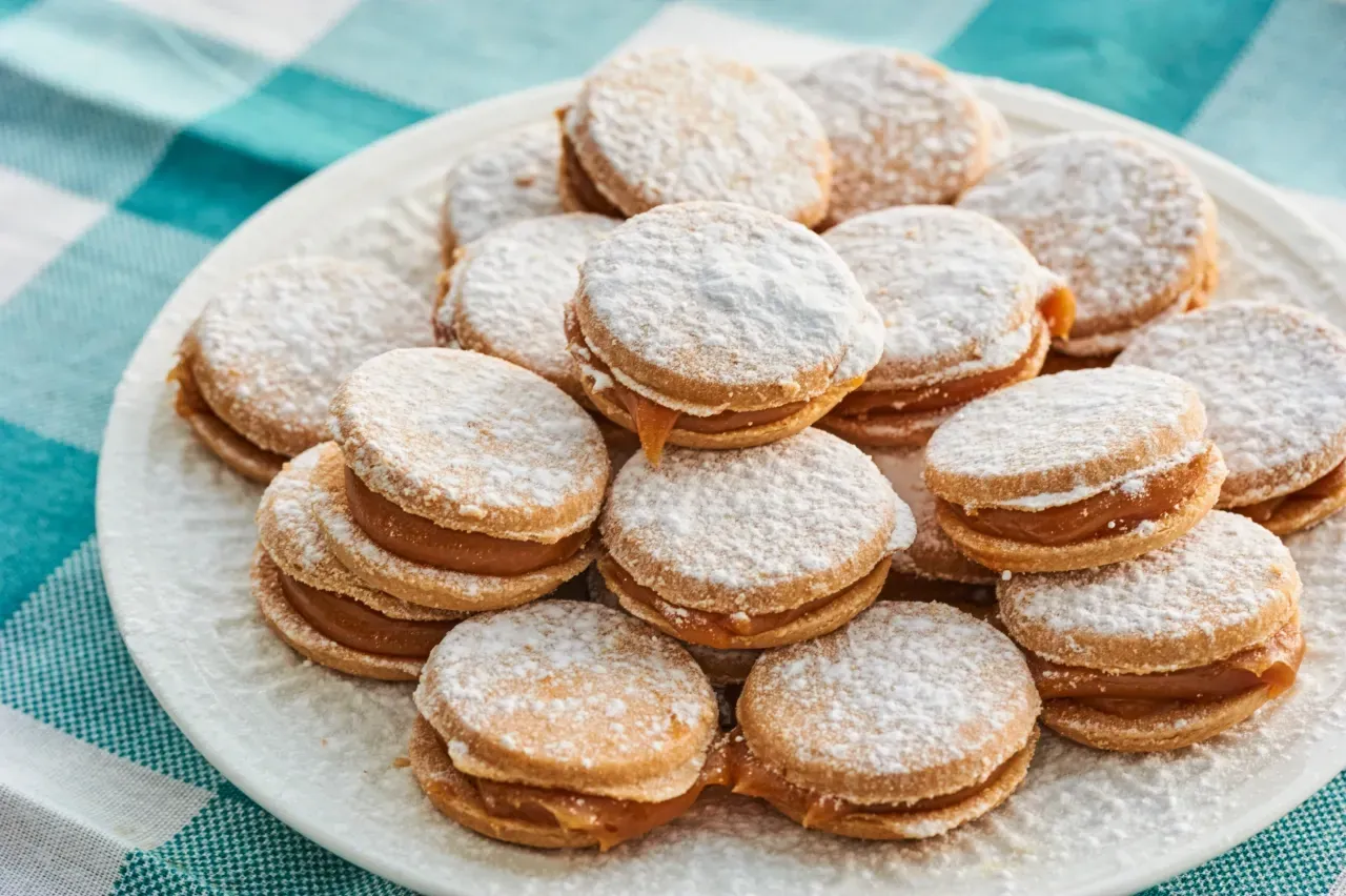 Prato com alfajores em fundo de toalha quadriculada azul.