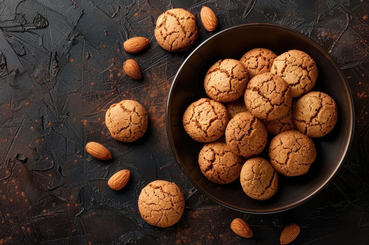 biscoitos amaretti com amendôas e cacau em fundo escuro