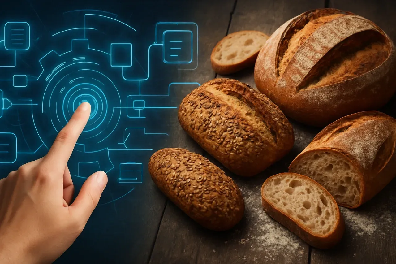 mão tocando uma tela touchscreen e pães