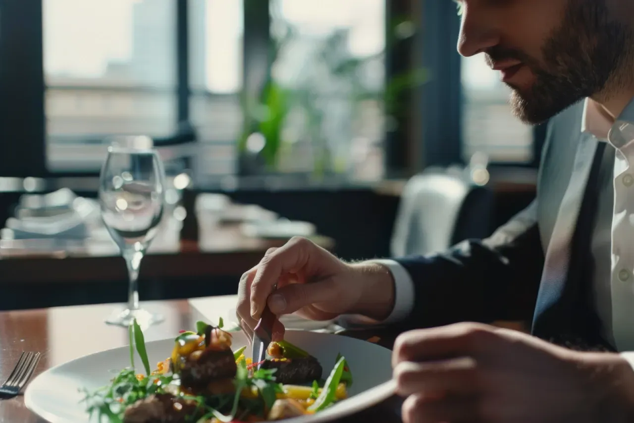 Um homem está sentado à mesa de um restaurante comendo um prato de comida.