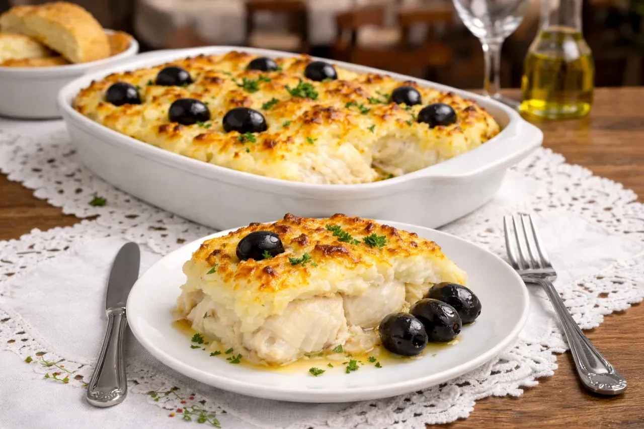 Bacalhau à Zé do Pipo tradicional gratinado no forno, servido em travessa com maionese