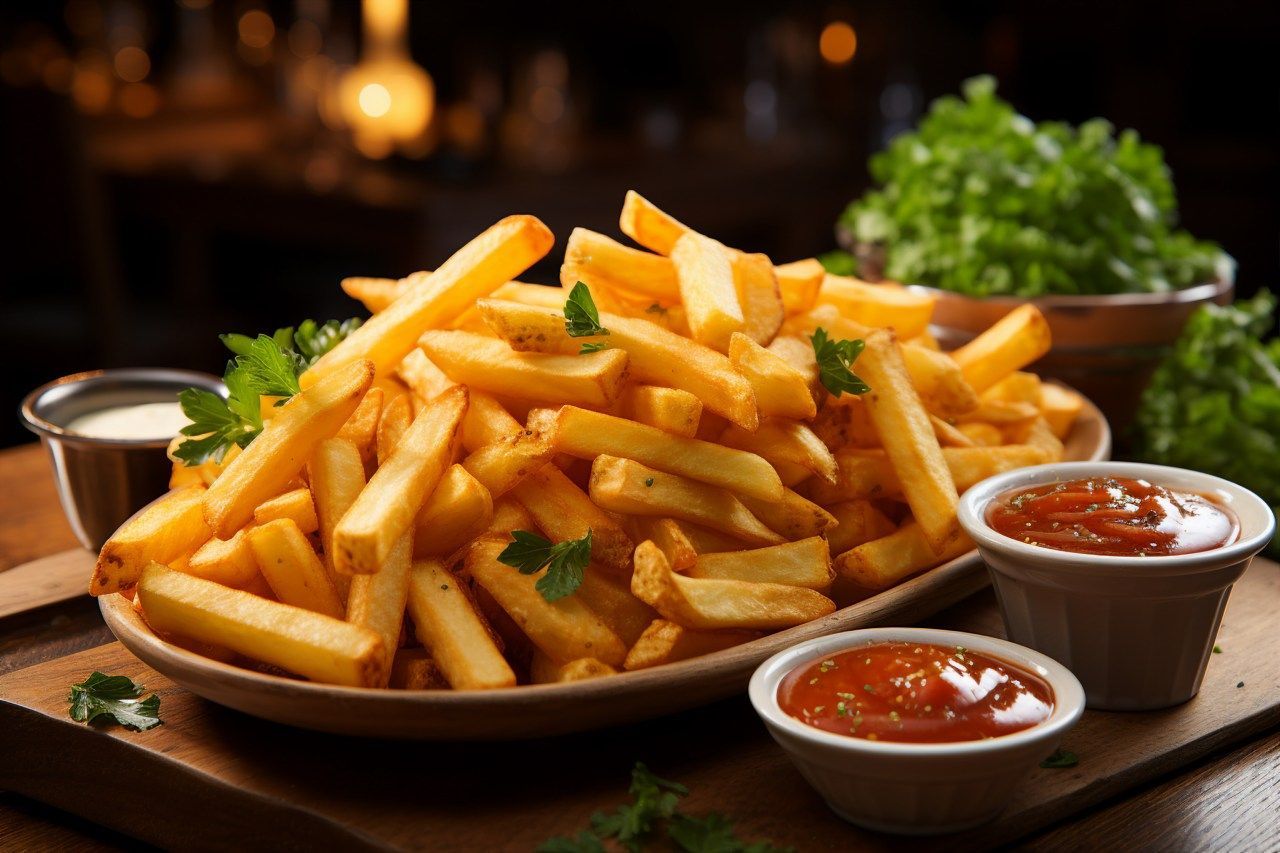 Um prato de batatas fritas com dois molhos sobre uma mesa de madeira.