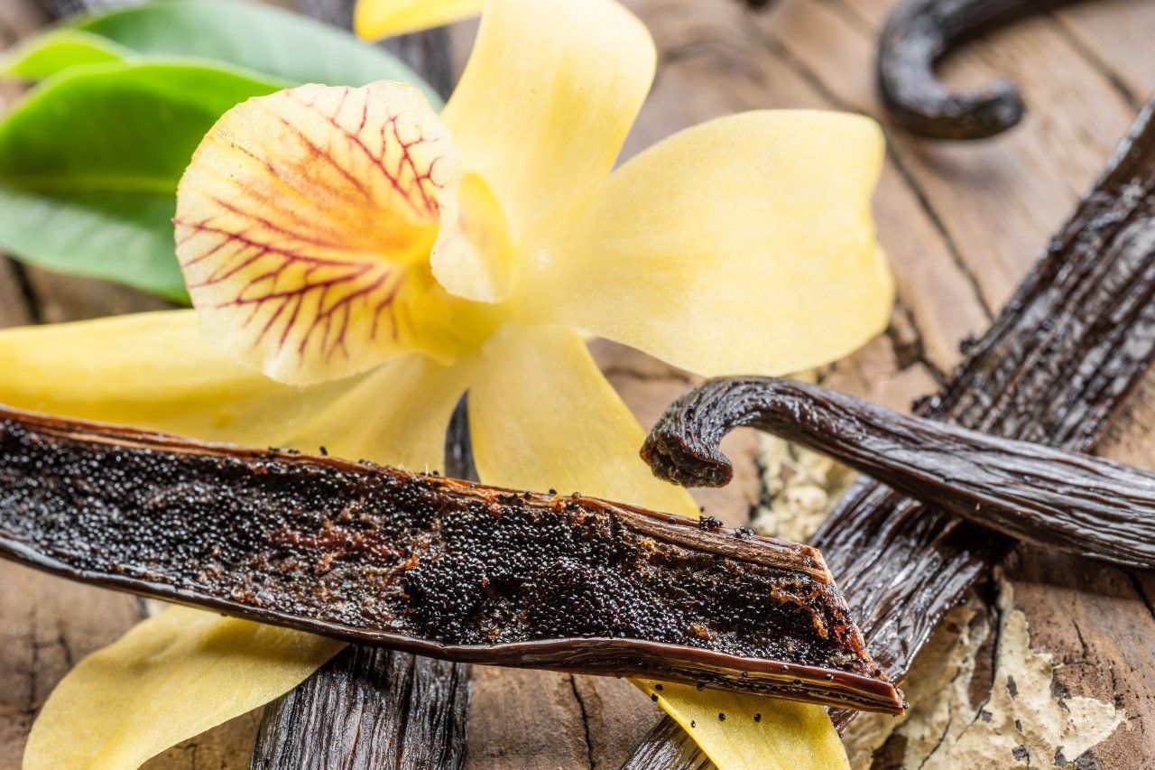 Um close de palitos de baunilha e uma flor em uma mesa de madeira.