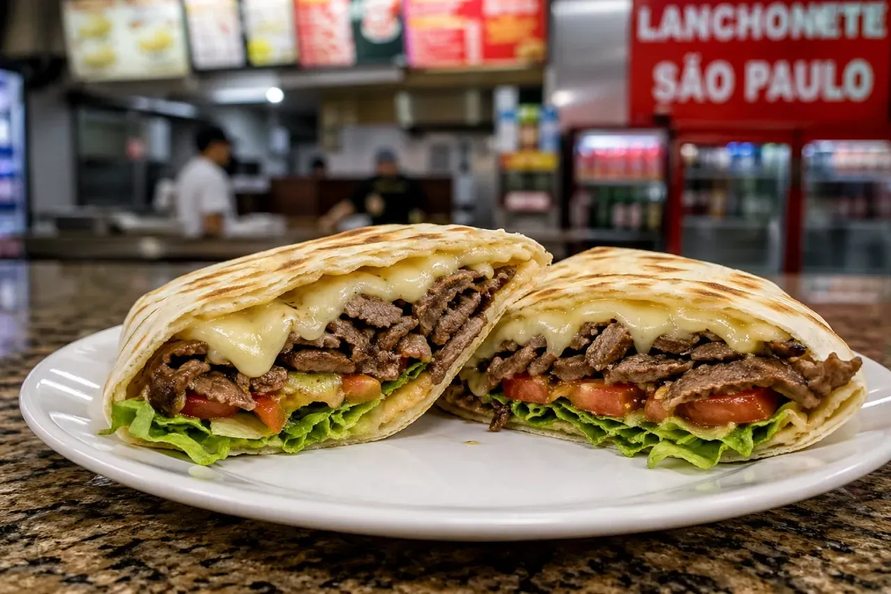 sanduíche beirute cortado ao meio com carne, queijo derretido, alface e tomate em prato 