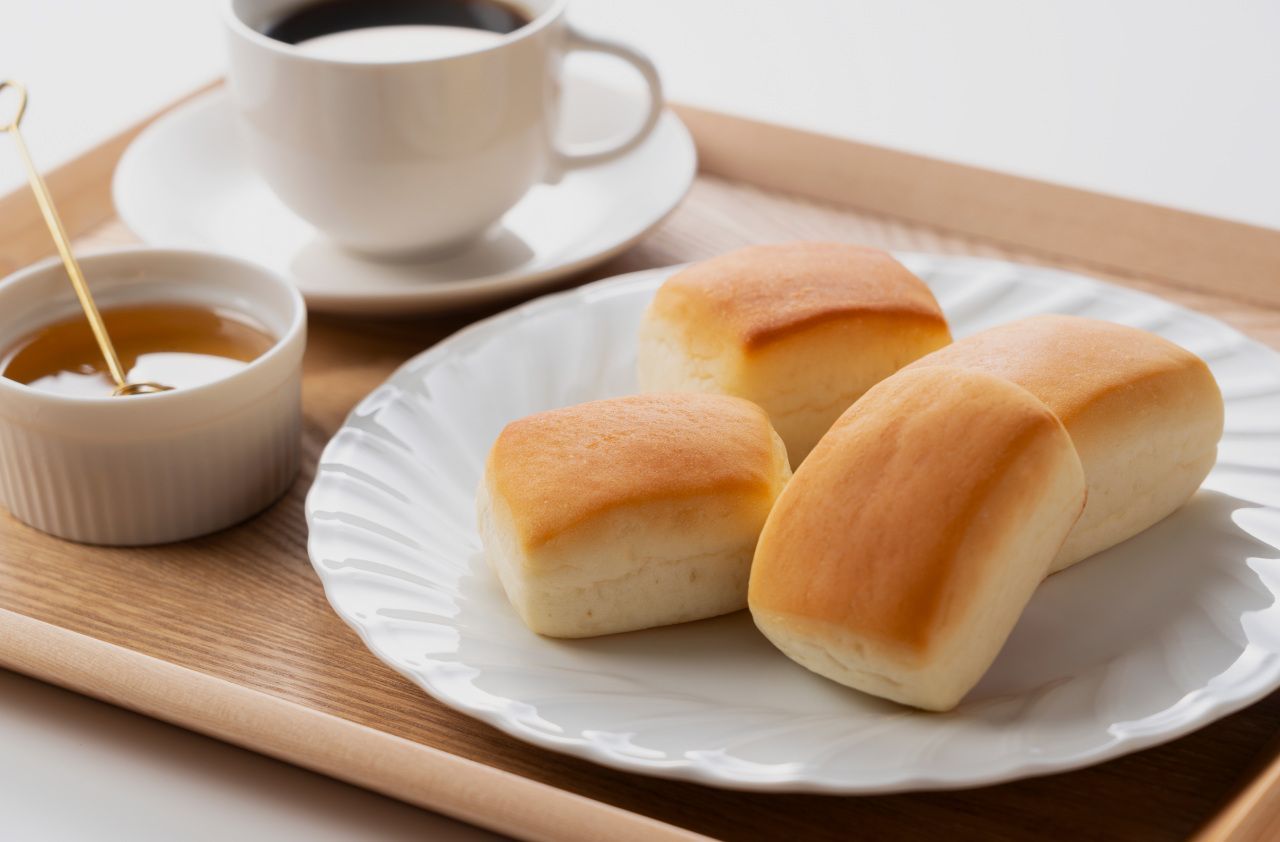 Um prato de pãezinhos e uma xícara de café em uma bandeja