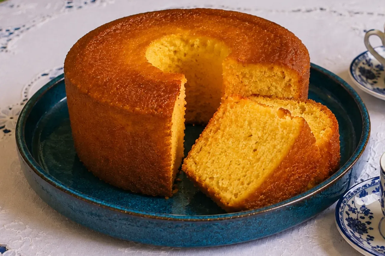 Um close de um pedaço de pão de milho sobre uma mesa de madeira.