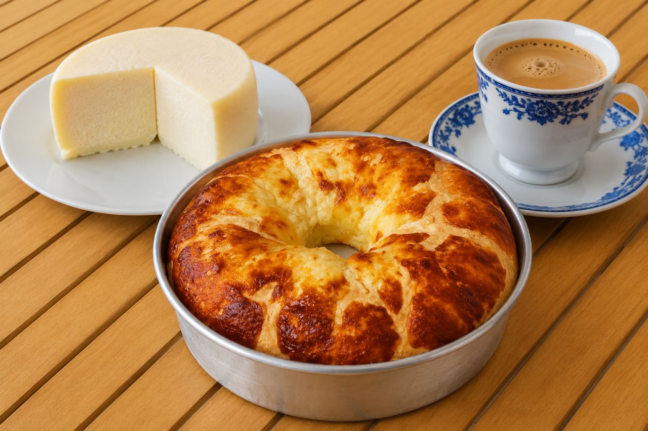 Um bolo em um prato ao lado de uma xícara de café