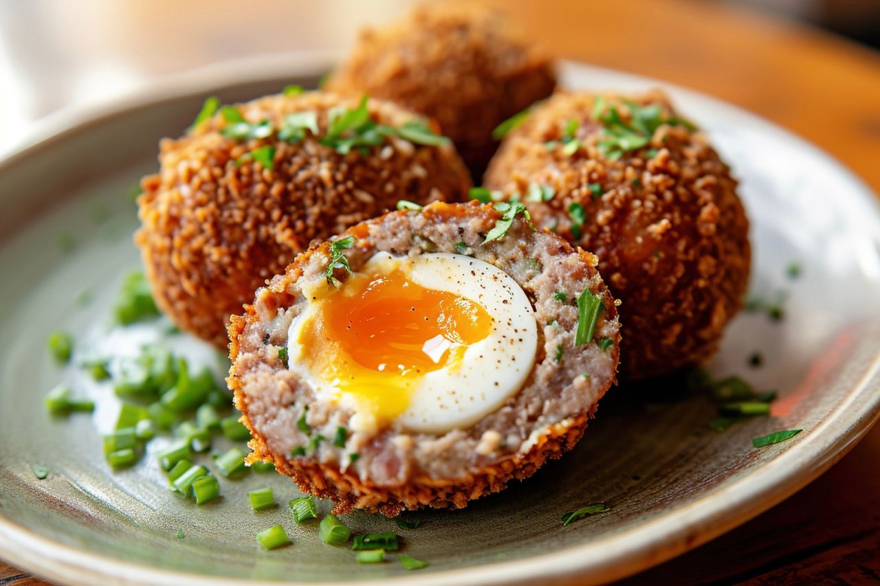 Bolovos Scotch Eggs em cerâmica com um deles cortado ao meio