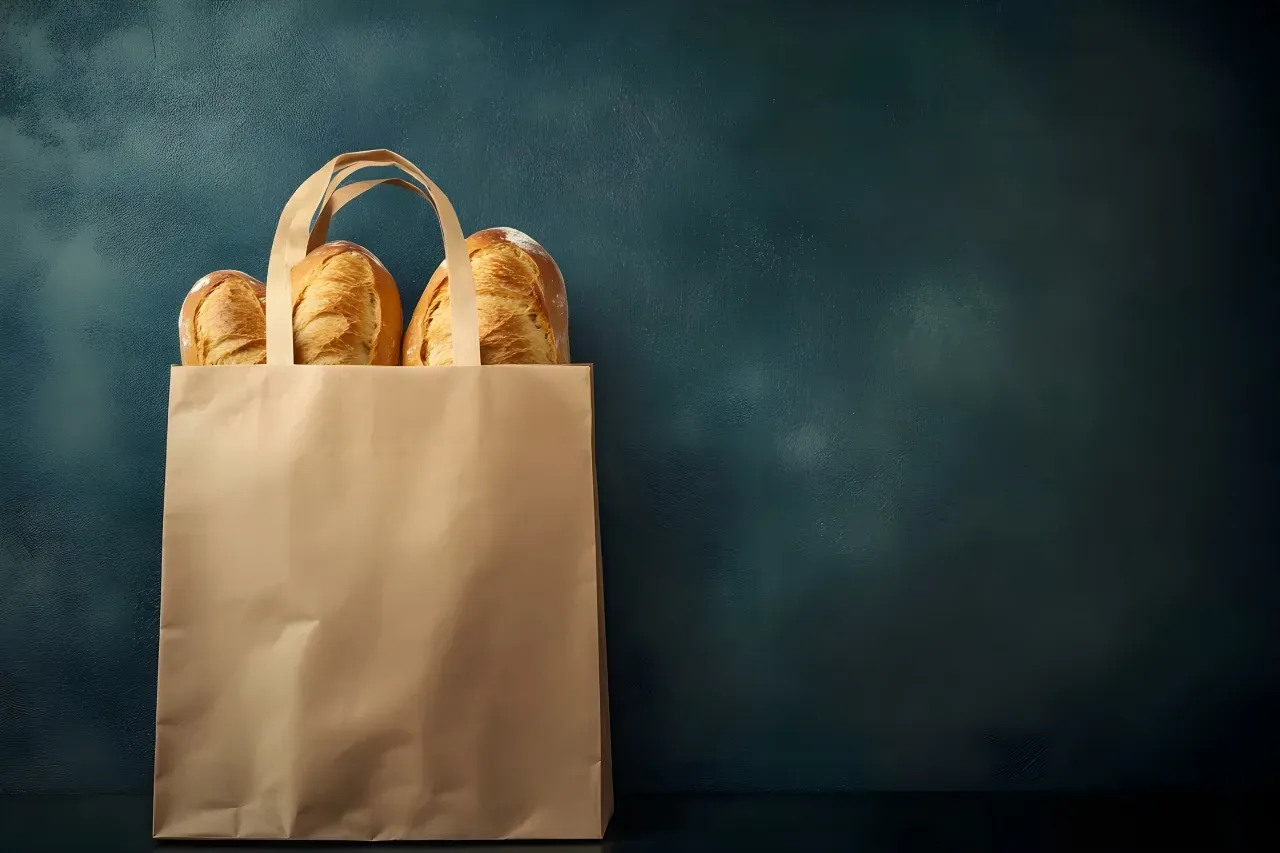 Três pães estão em um saco de papel.