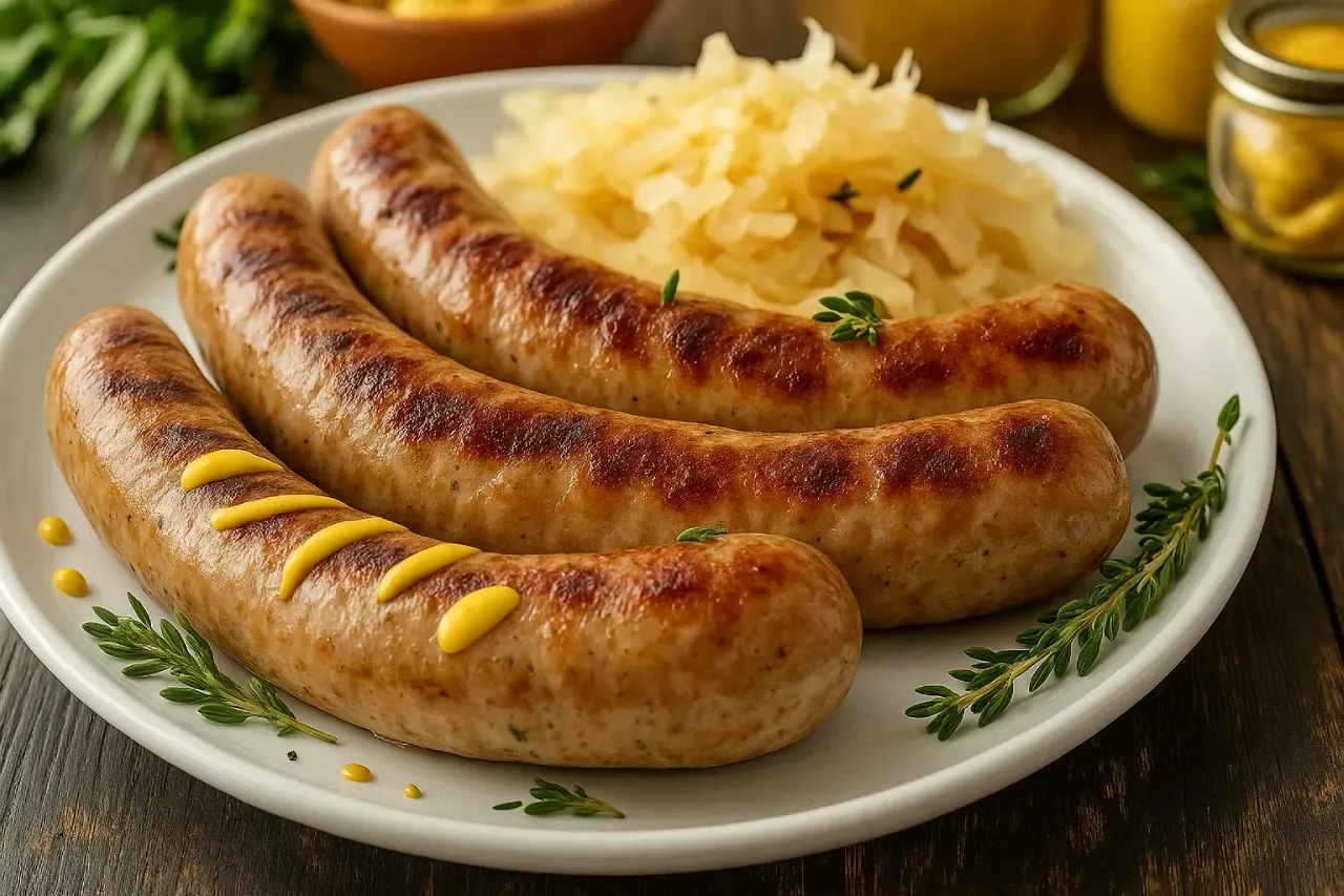 salsichas bratwurst com sauerkraut chucrute em um prato com mostarda