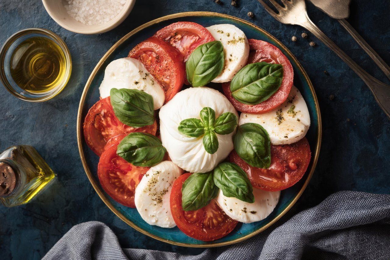 burrata com tomates, manjericão e azeite em prato de cerâmica e fundo escuro