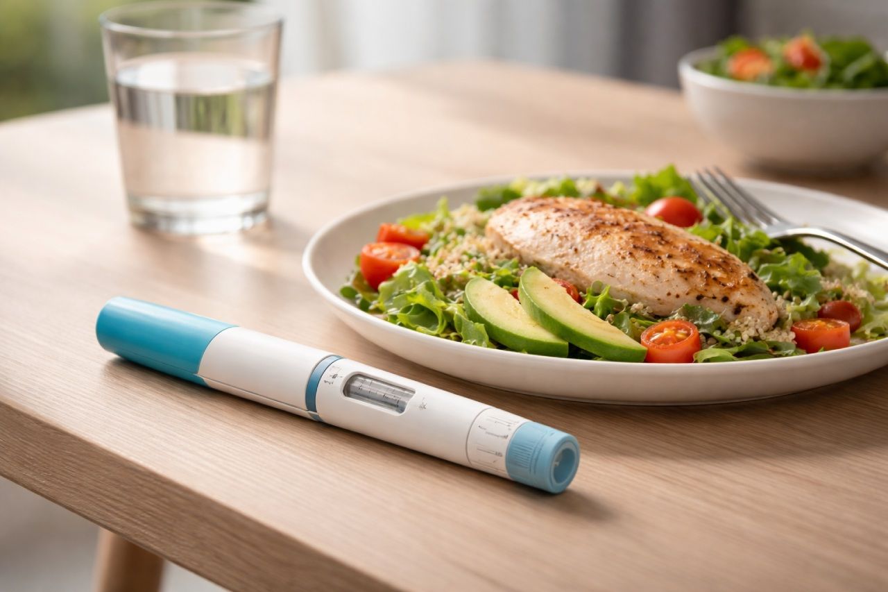 Caneta emagrecedora ao lado de prato com salada, frango grelhado, abacate e copo de água sobre a mesa, representando mudanças no padrão de consumo alimentar.