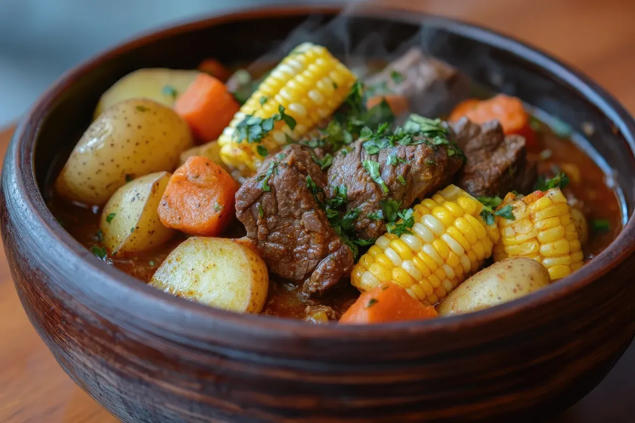 cazuela chilena com carne, batata, cenoura e milho em vasilha de cerâmica
