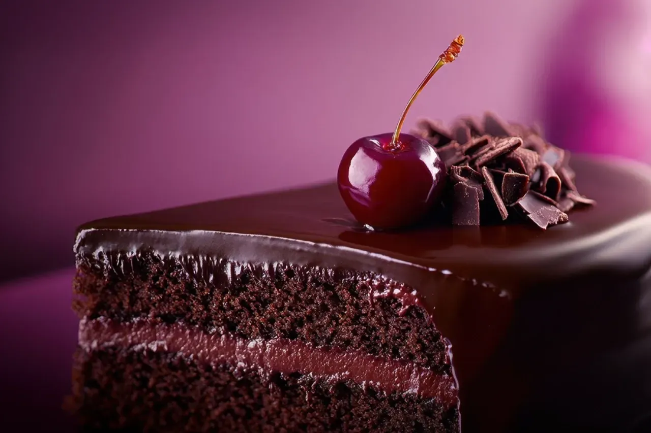 bolo de chocolate decorado com cereja em fundo roxo
