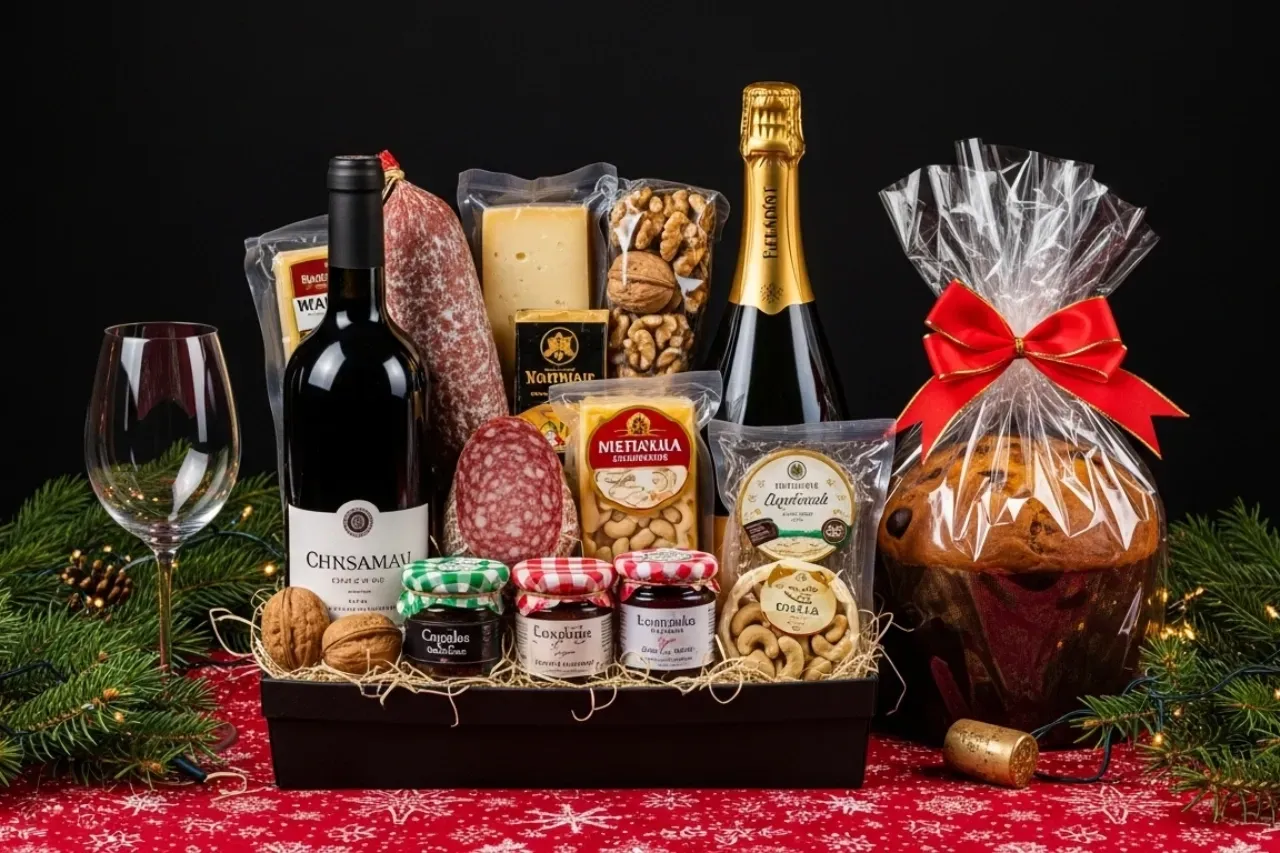 Cesta de Natal com vinhos, frios, castanhas, geleias e panetone decorada para as festas.