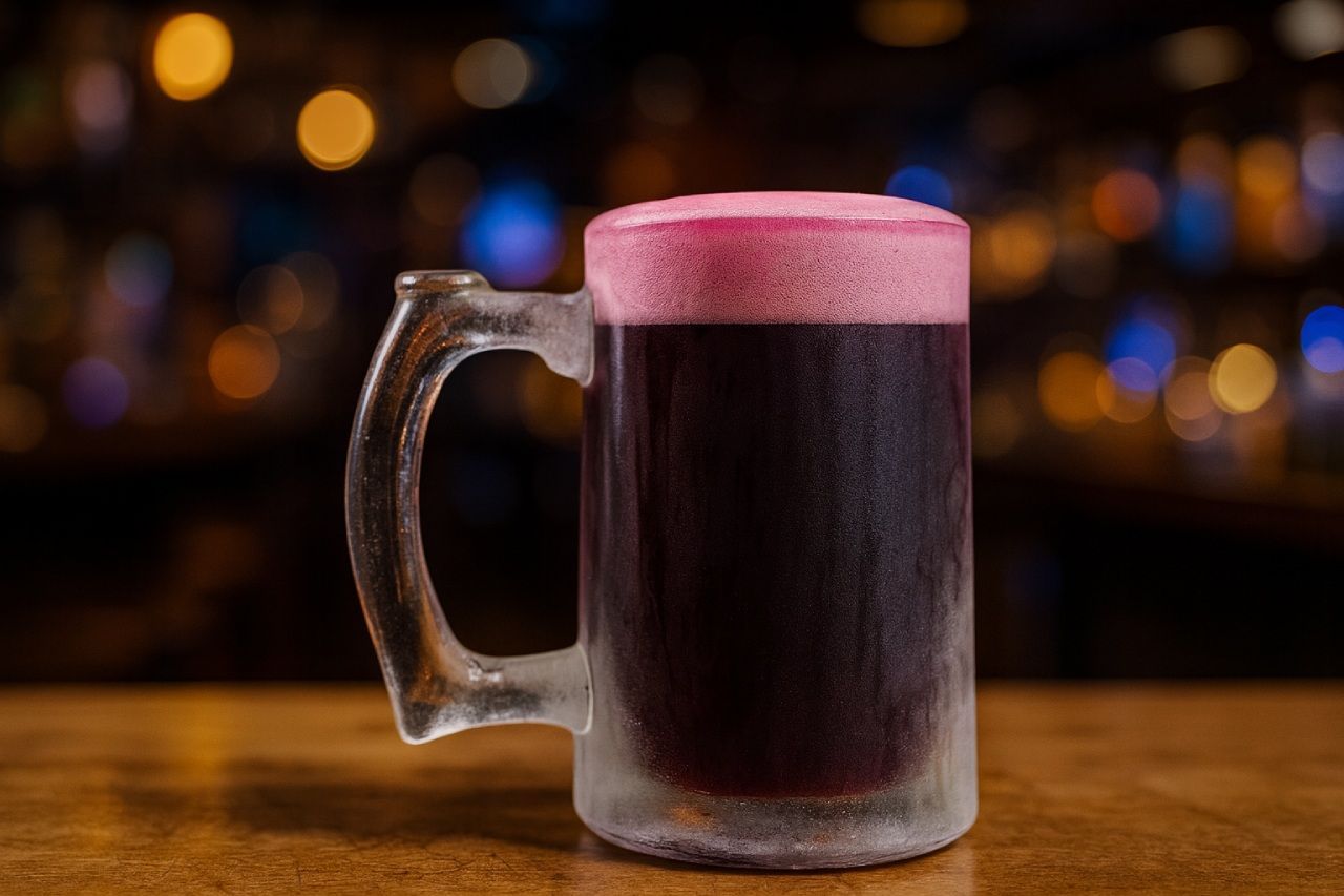 Caneca de chopp de vinho sobre uma mesa de madeira em um bar.