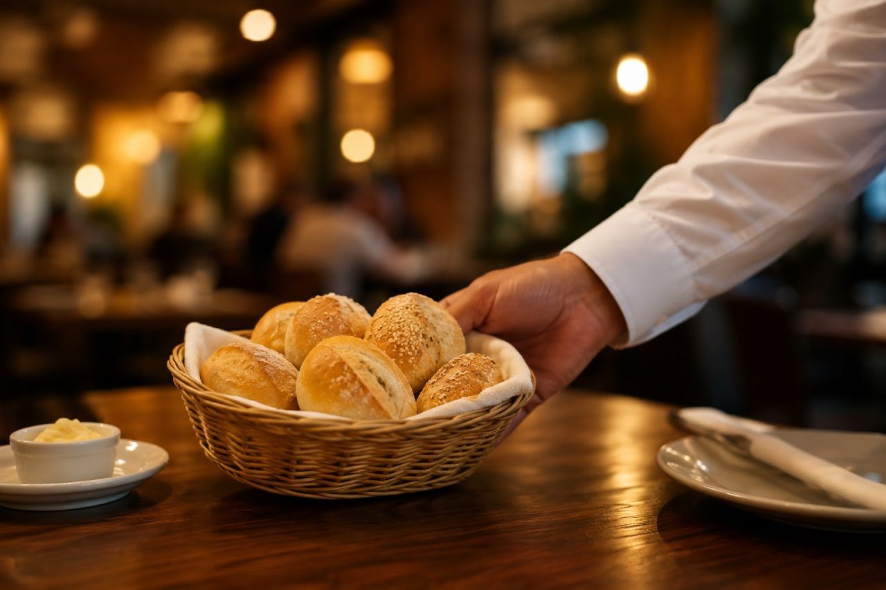 Garçom servindo cesta de pães como couvert em mesa de restaurante com ambiente aconchegante ao fundo.