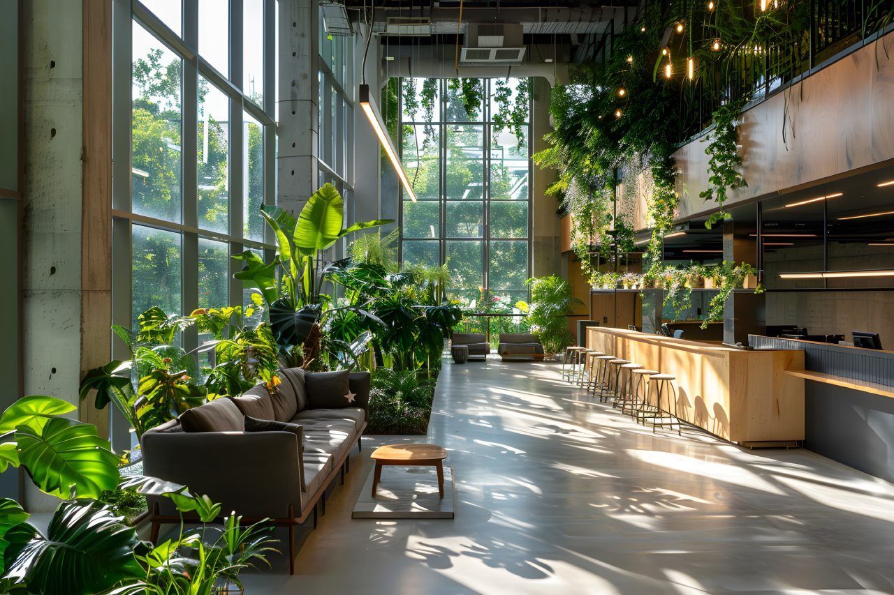 espaço de restaurante com plantas e iluminação natural