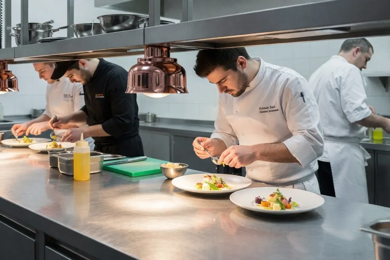 Chefes finalizam pratos em uma cozinha profissional de restaurante, trabalhando em bancada de aço inox sob luminárias térmicas, com equipamentos industriais ao fundo e pratos sendo cuidadosamente montados para o serviço.