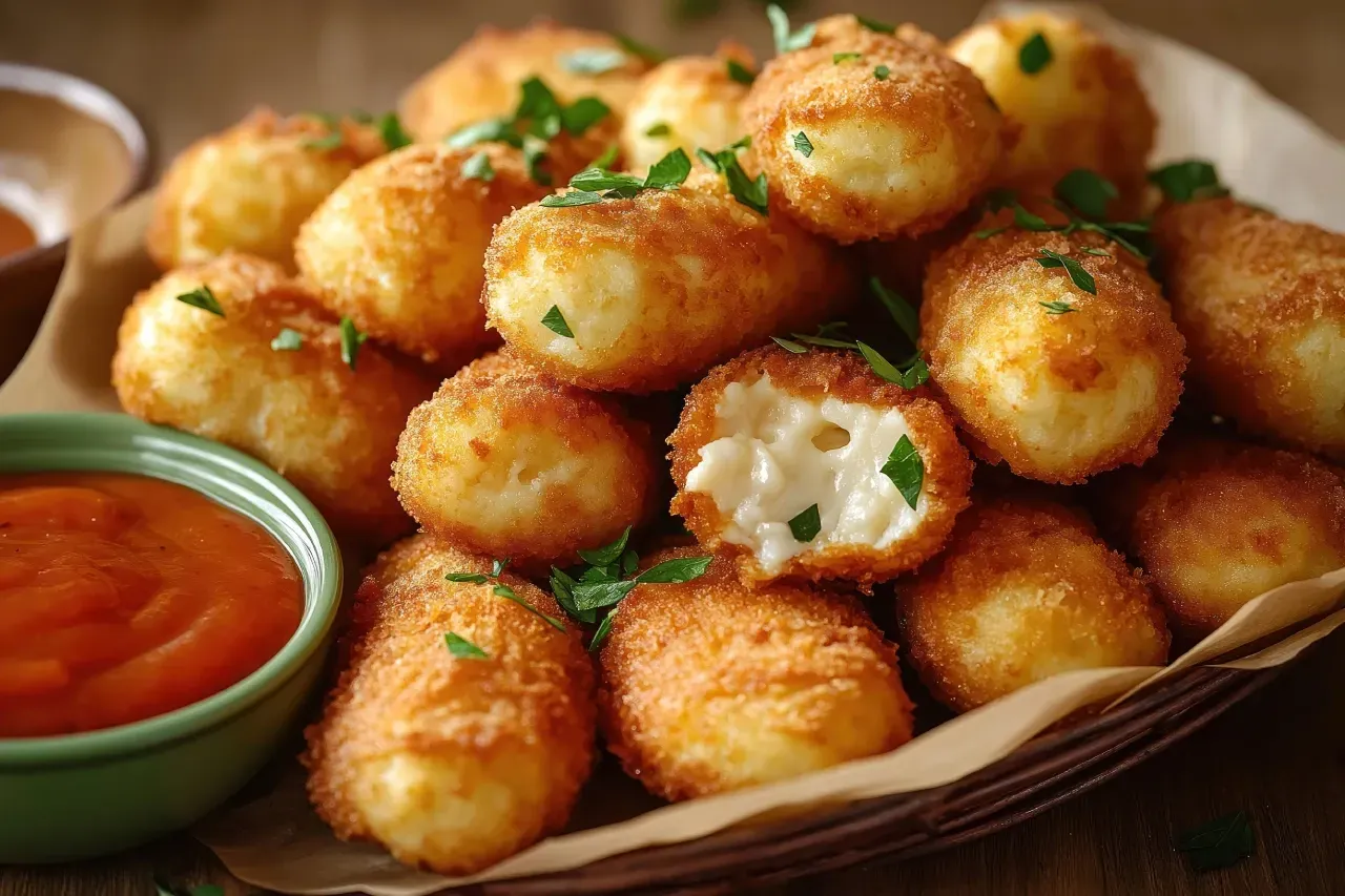 croquetes de queijo empanados e fritos com molho
