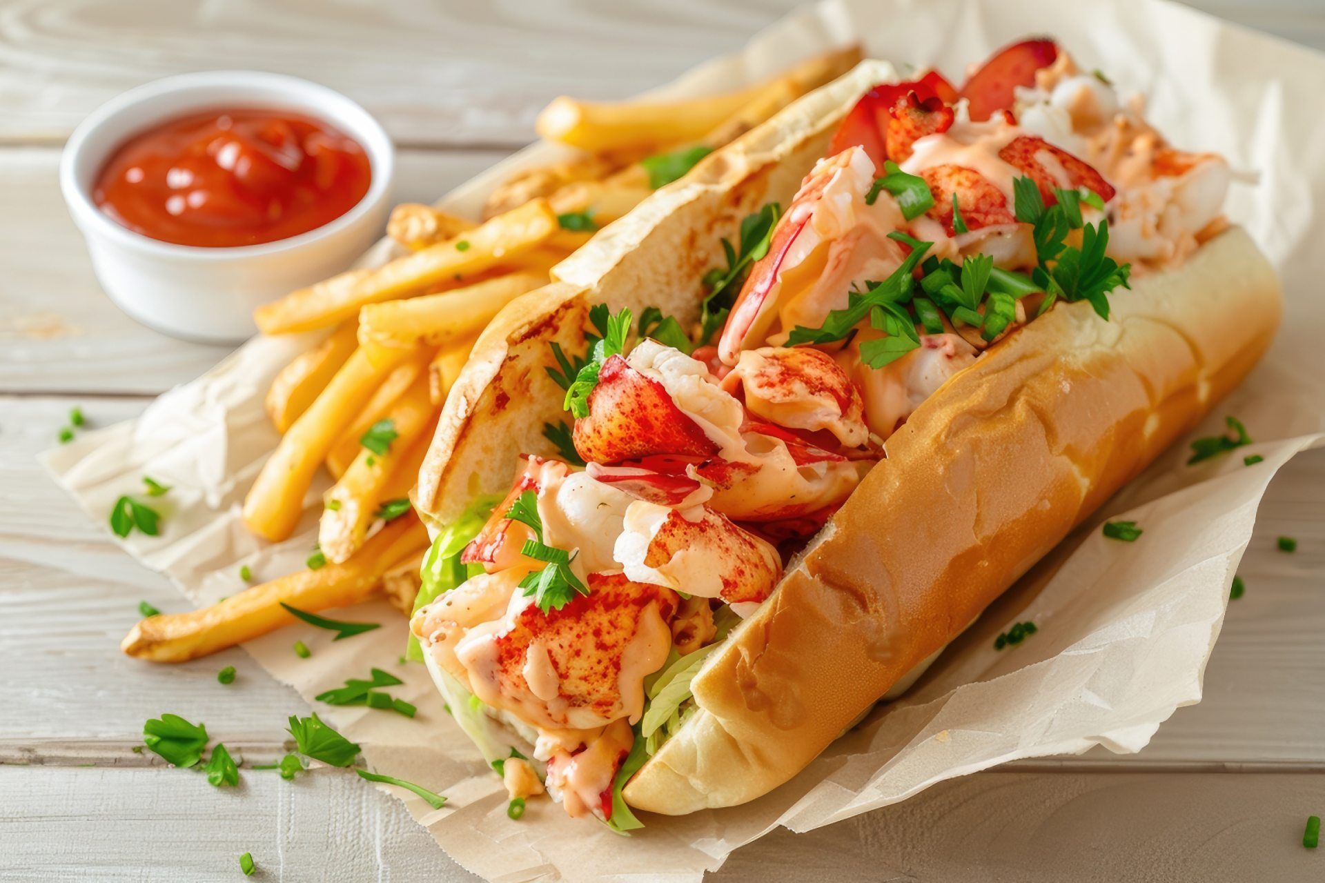 lobster roll sanduíche de lagosta com molho e batatas