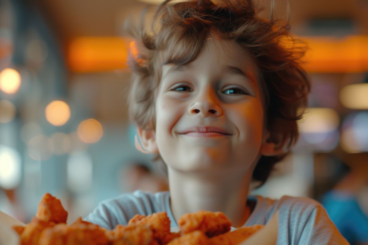 menino com um prato de nuggets em um restaurante