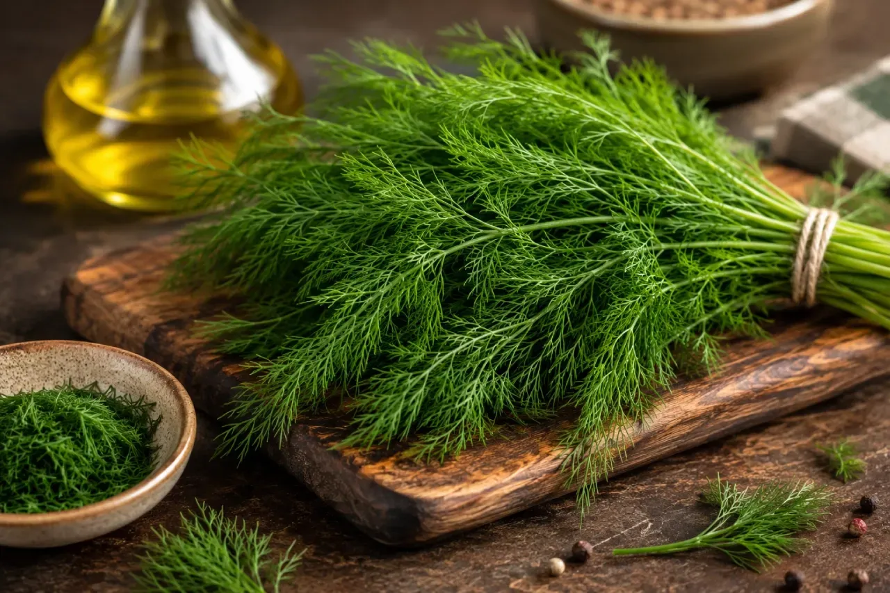 Dill fresco (endro) sobre tábua de madeira, erva aromática utilizada em peixes, molhos, saladas, 