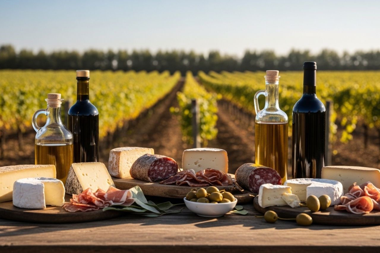 Queijos artesanais, embutidos, azeite e vinho dispostos em mesa ao ar livre, com vinhedos ao fundo