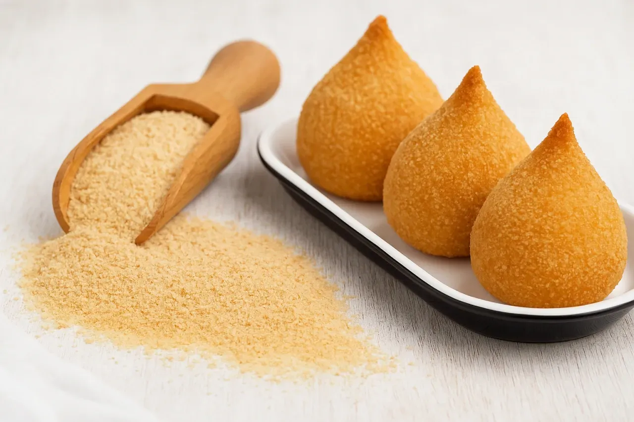 Farinha de rosca para empanar salgados com coxinhas fritas ao lado em fundo claro.