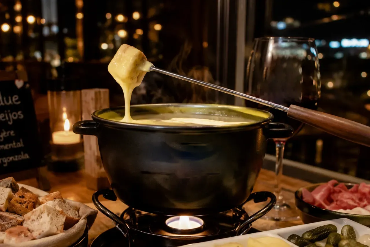 Fondue de queijo servido em panela aquecida com pão mergulhado no queijo derretido