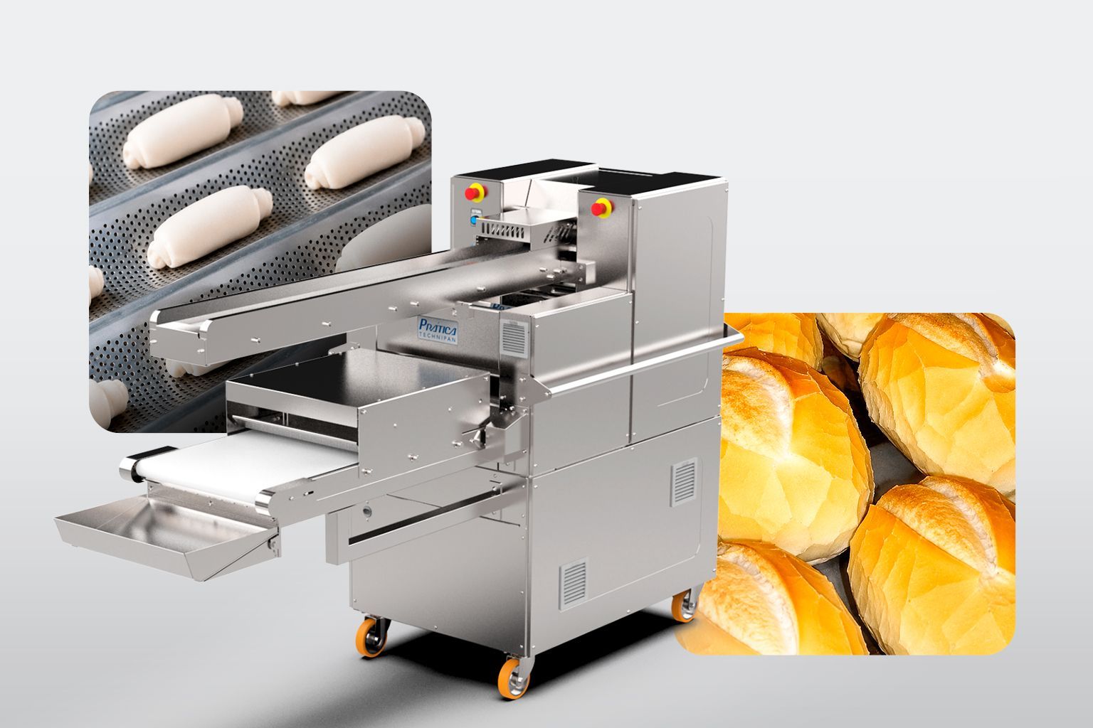 Grupo automático GAP para divisão e modelagem de massas, com pães franceses crus em assadeiras e pães franceses assados ao fundo.