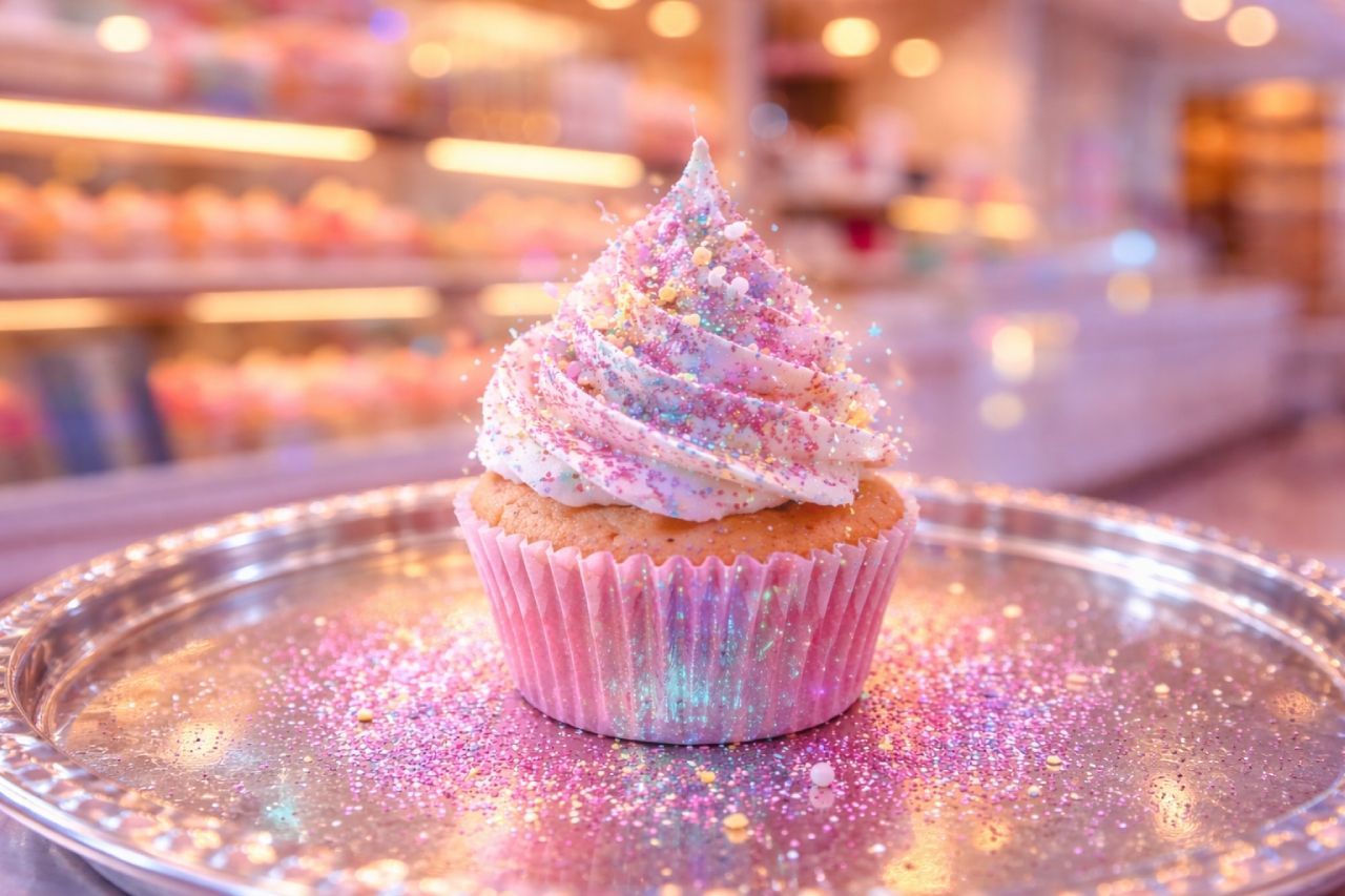 Cupcake com cobertura cremosa e glitter colorido sobre bandeja metálica, em confeitaria com fundo desfocado e iluminação quente.