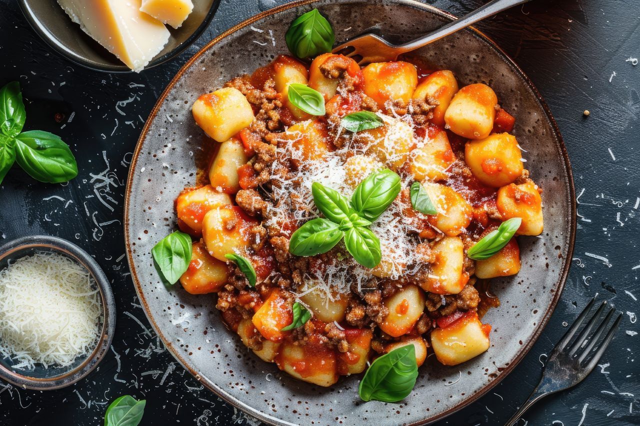 Um prato de nhoque com carne e molho sobre uma mesa.